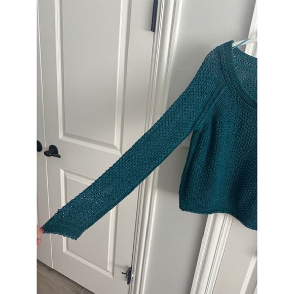 Free People Chunky Knit Wide-Neck Pullover Sweater Size: Small Color: Teal - Picture 6 of 10